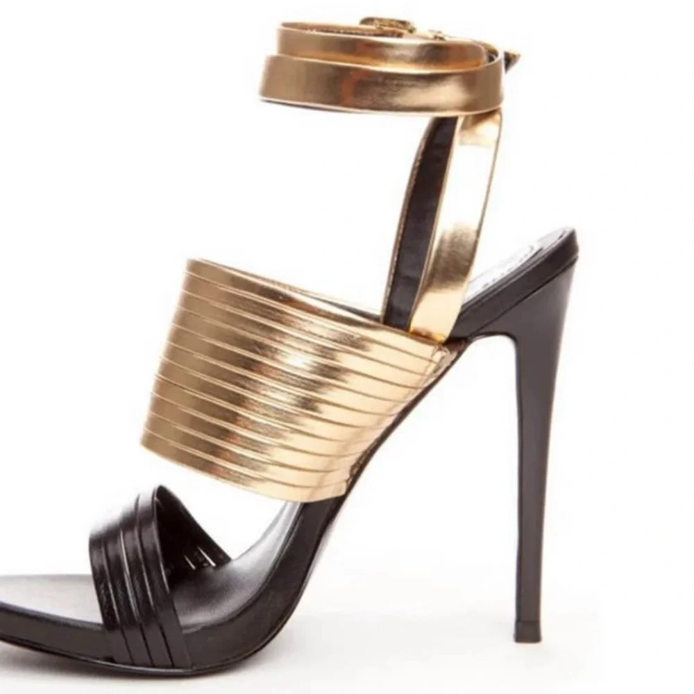 Donald J. Pliner NWOT Black Gold Wrap Around Ankle Strap Platform Heels (Size 8) - Picture 4 of 8